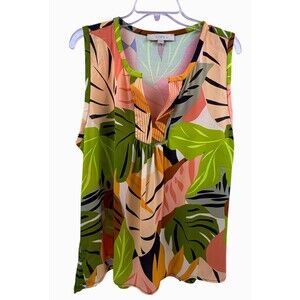 LOFT Sherbet Tropical Leaf Print Sleeveless Resort Blouse Top XL